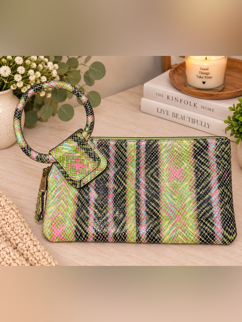 HOBO Colorful Snakeskin Print Leather Wristlet Clutch Organizer